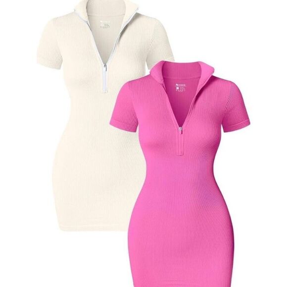 OQQ - 🎉HP🎉 NWT 2-Piece BodyCon Ribbed Zip-Front Short Sleeve Minis/Rose/Cream - Picture 15 of 16
